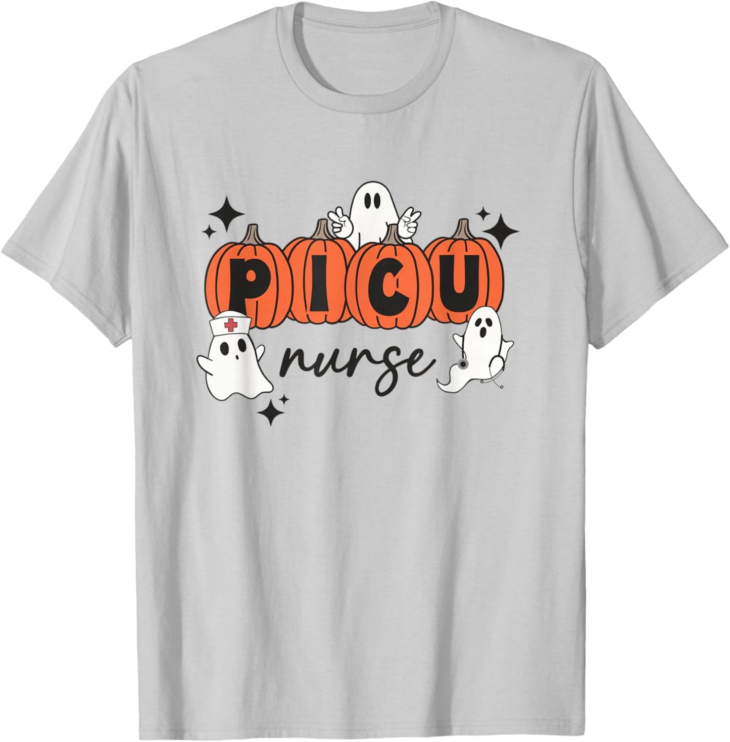 Cute Ghosts PICU Nurse Halloween Pumpkins Pediatric ICU T-Shirt - T-Shirt | Ash