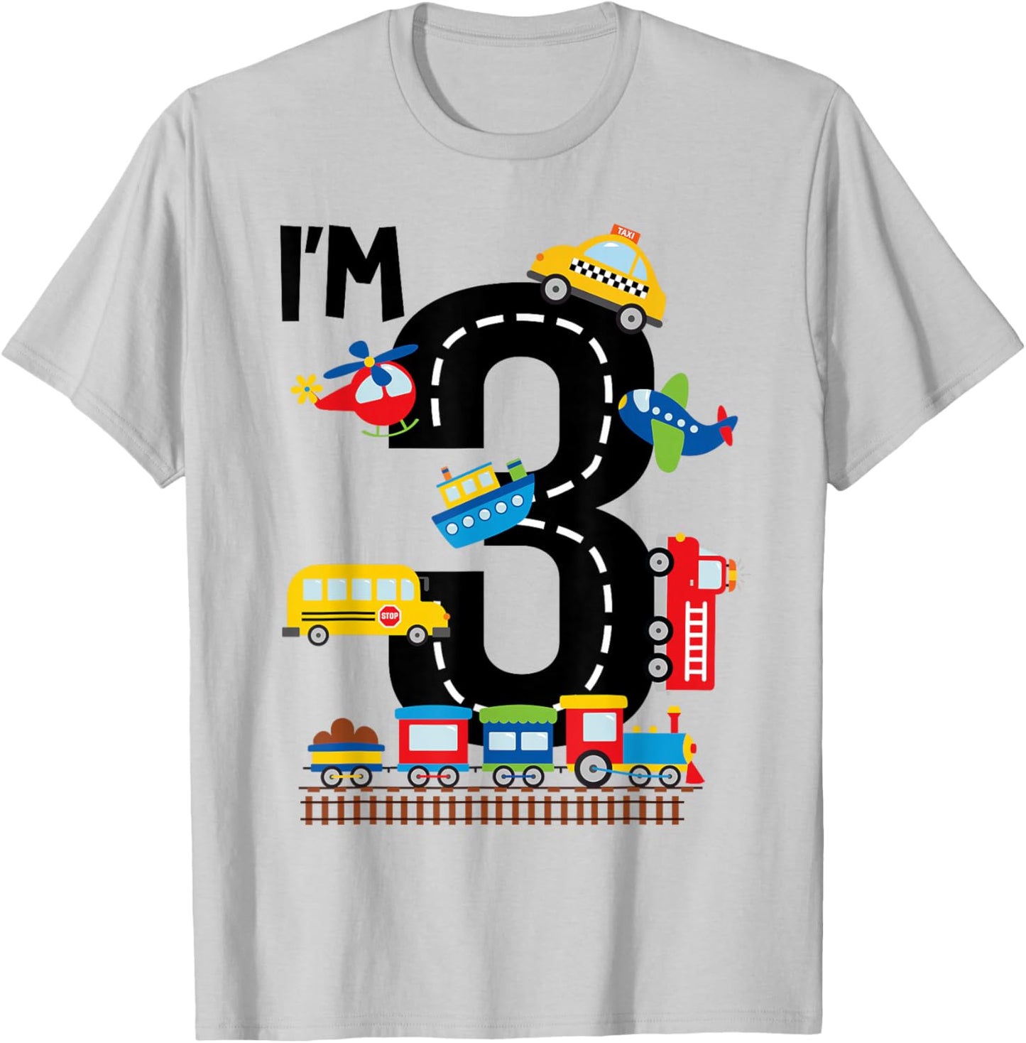 I'm 3 Years Old Birthday Boys Kids Transportation Vehicles T-Shirt - T-Shirt | Ash