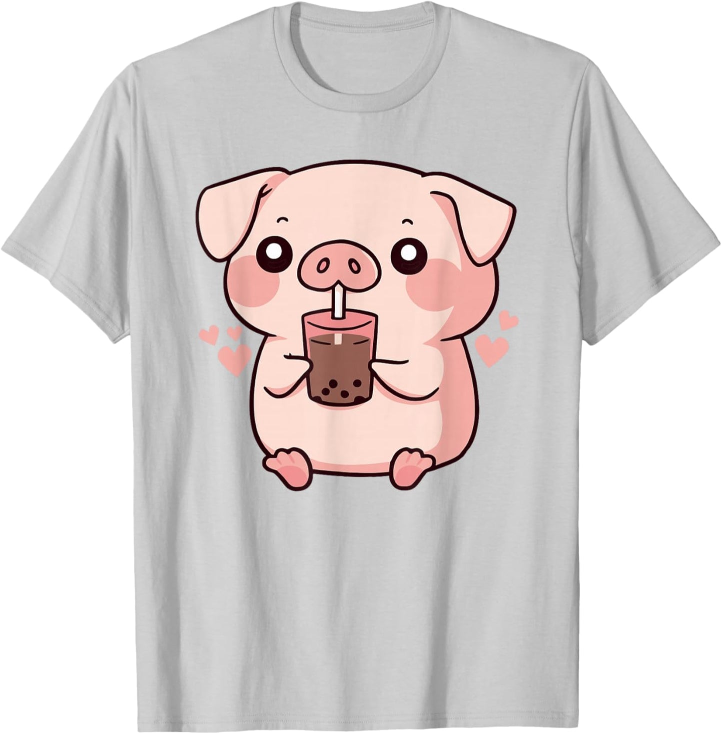 Cute Kawaii Cartoon Pig Drinking Bubble Tea T-Shirt - T-Shirt | Ash