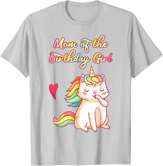 Mom of Birthday Girl Unicorn Caticorn Cat Colorful Rainbow T-Shirt - T-Shirt | Ash