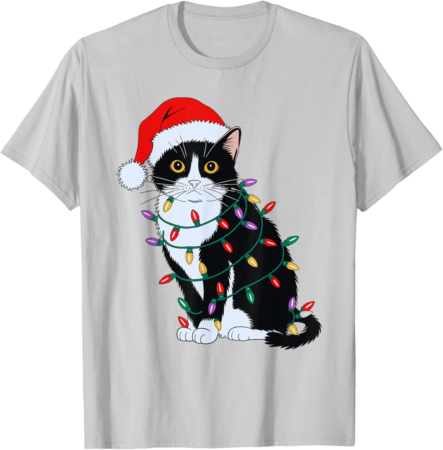 Tuxedo Cat Wearing Santa Hat Christmas Tree Lights Cat Lover T-Shirt - T-Shirt | Ash