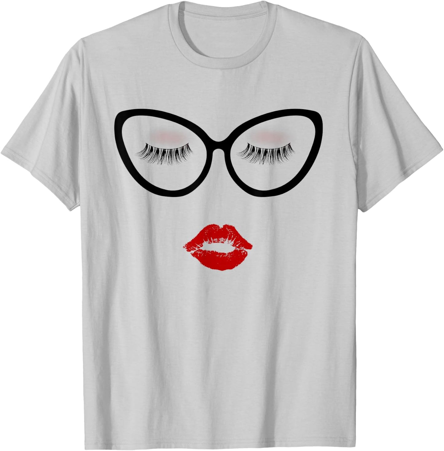 Ladies Eyelashes Black Glasses Red Pouty Full Lips Eyeshadow T-Shirt - T-Shirt | Ash
