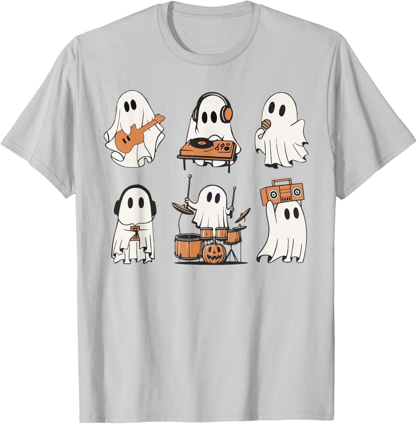 Ghost Love Music Ghost Playing Guitar Drum Halloween Costume T-Shirt - T-Shirt | Ash