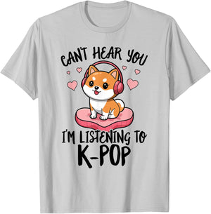 Cute Shiba Inu Dog Headphones K-Pop Music Lover Heart Kawaii T-Shirt - T-Shirt | Ash