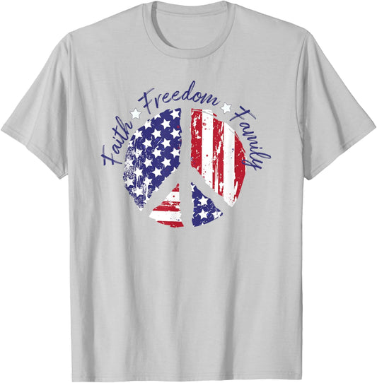 Patriotic Peace Sign USA Flag Faith Freedom Family T-Shirt - T-Shirt | Ash