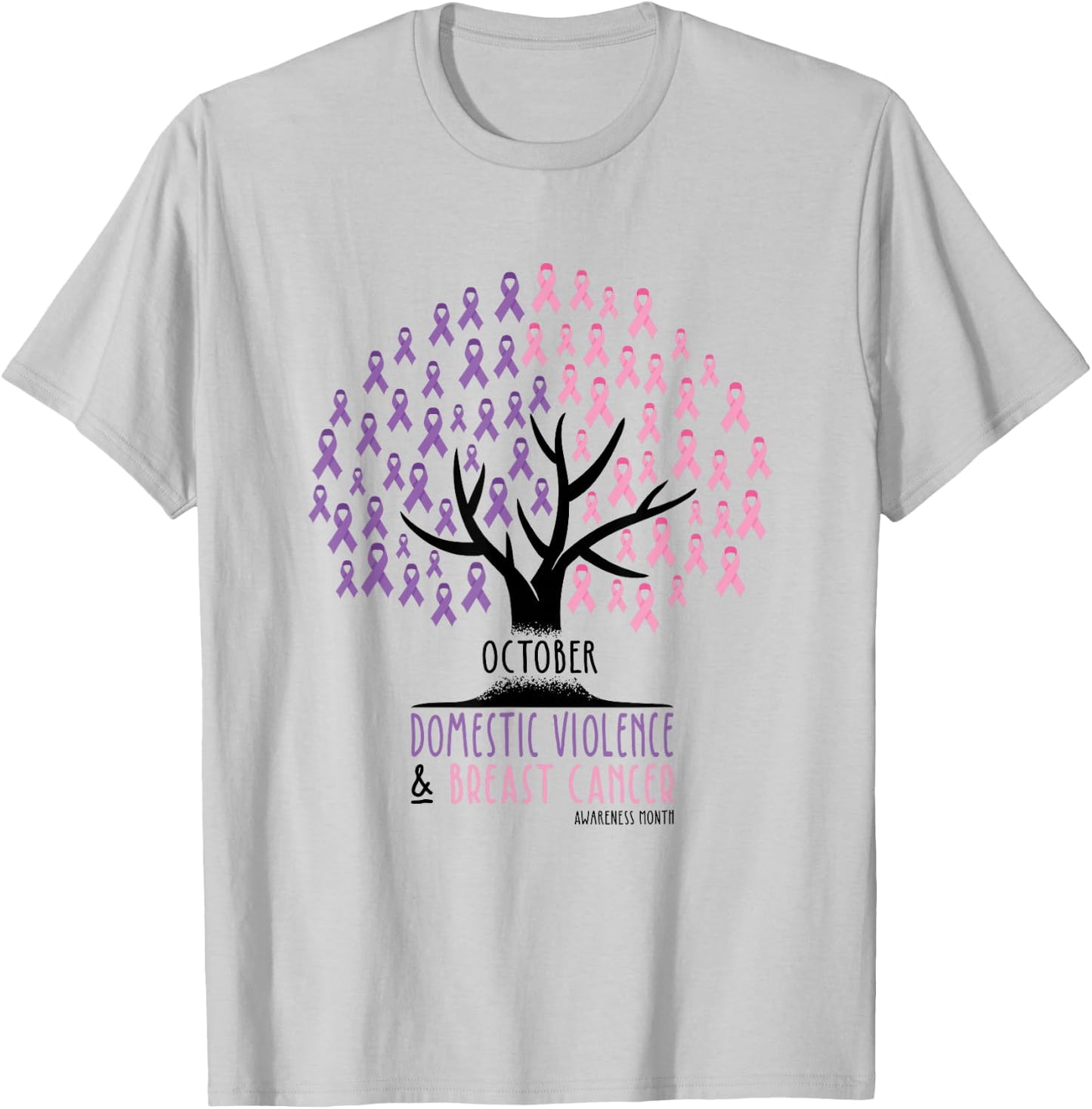 Ribbon Tree, Breast Cancer and Domestic Violence Awareness T-Shirt - T-Shirt | Ash