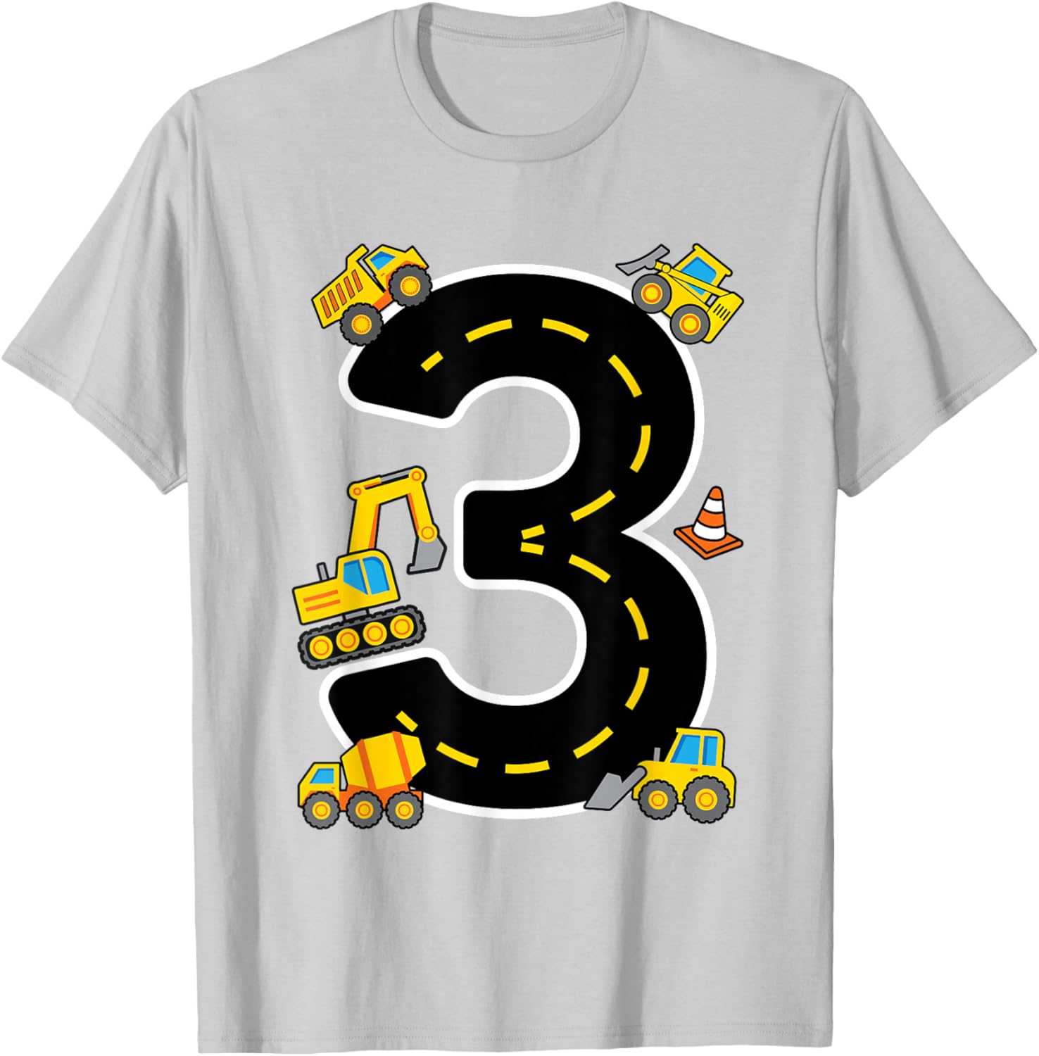 I'm 3 Construction Theme 3rd Birthday Party Boys Excavator T-Shirt - T-Shirt | Ash