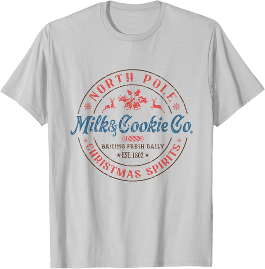 North Pole Milk and Cookie Co Funny Holiday Christmas T-Shirt - T-Shirt | Ash