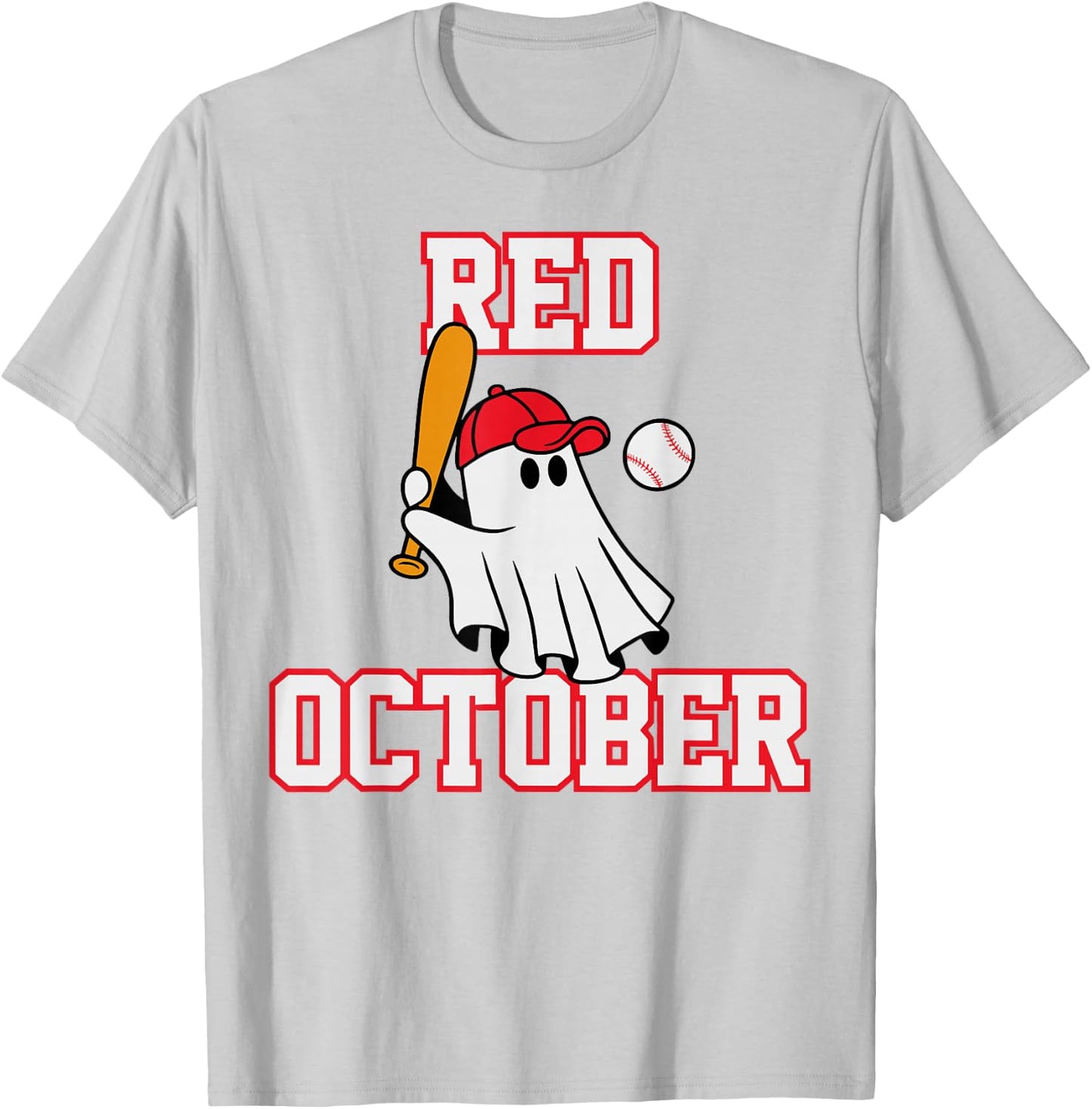 Red October Halloween Ghost Playing Baseball Sport Women Men T-Shirt - T-Shirt | Ash