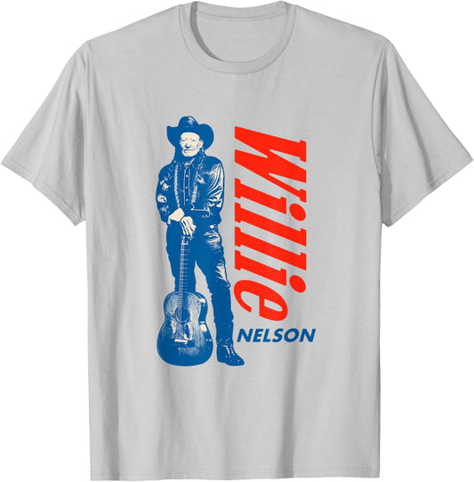 Official Willie Nelson Standing Guitar Blue T-Shirt - T-Shirt | Ash