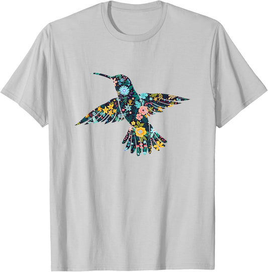 Floral Hummingbird Birds Silhouette Girls Graphic T-Shirt - T-Shirt | Ash