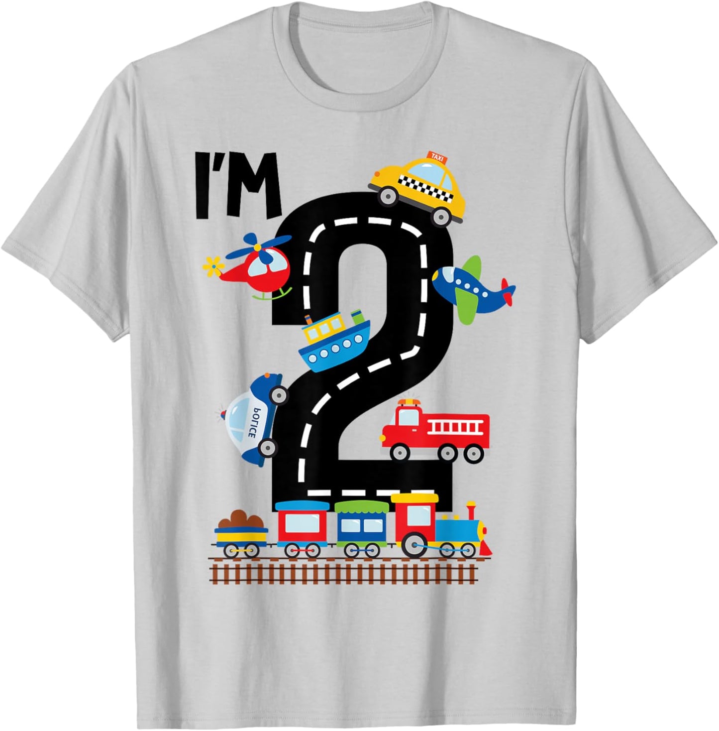 I'm 2 Years Old Birthday Boys Kids Transportation Vehicles T-Shirt - T-Shirt | Ash