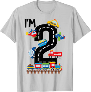 I'm 2 Years Old Birthday Boys Kids Transportation Vehicles T-Shirt - T-Shirt | Ash