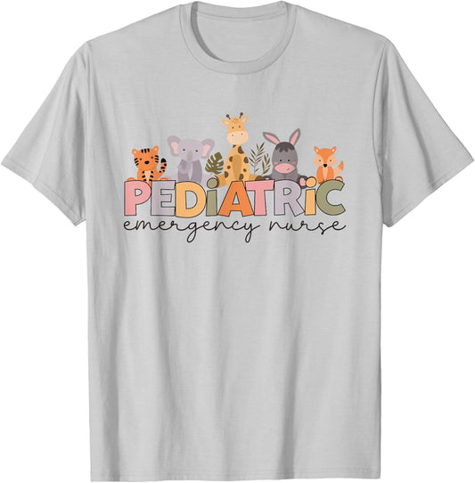 Women Pediatric Emergency Nurse Safari Animals Peds ER Nurse T-Shirt - T-Shirt | Ash