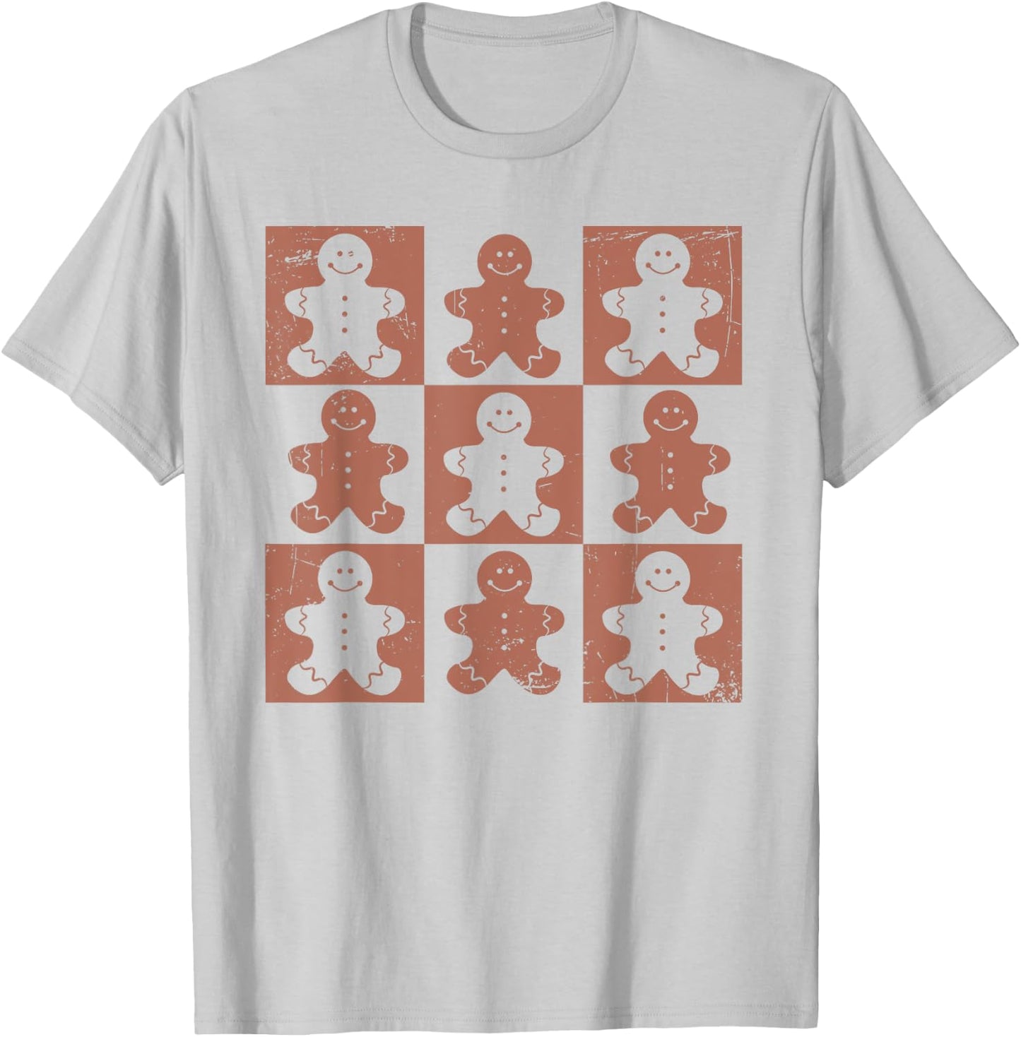 Vintage Christmas Gifts Women Men Gingerbread Retro Checkered Gingerbread Man Distressed Christmas Pajamas T-Shirt - T-Shirt | Ash
