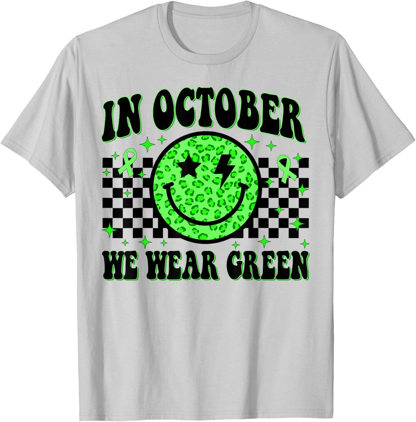 In October We Wear Green Ribon Smile Face Dwarfism Awareness T-Shirt - T-Shirt | Ash