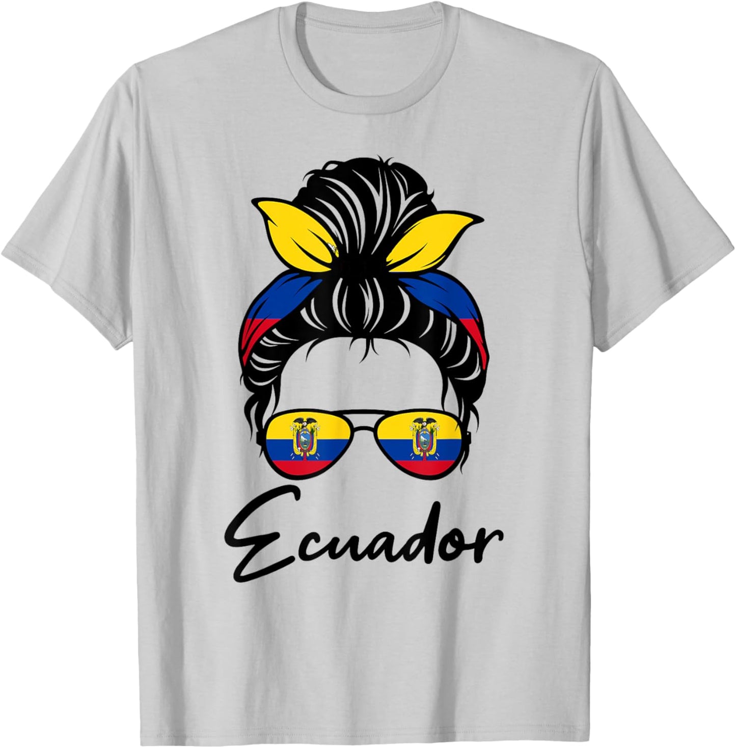 Ecuador Flag Messy Bun Patriotic Ecuadorian Wife Mom Girl T-Shirt - T-Shirt | Ash