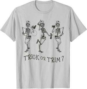 Funny Dancing Skeleton Trick Or Trim Hairstylist Halloween T-Shirt - T-Shirt | Ash