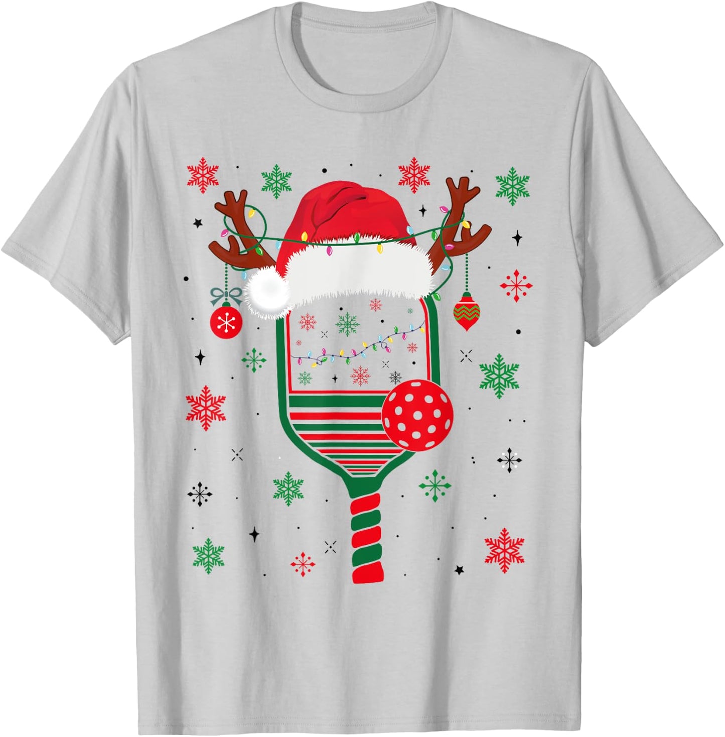 Pickleball Player Christmas Holiday Reindeer Xmas Women Men T-Shirt - T-Shirt | Ash