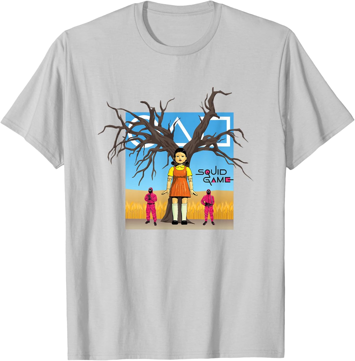 Squid Game 2 Doll & Guards In Red Light Green Light Field T-Shirt - T-Shirt | Ash