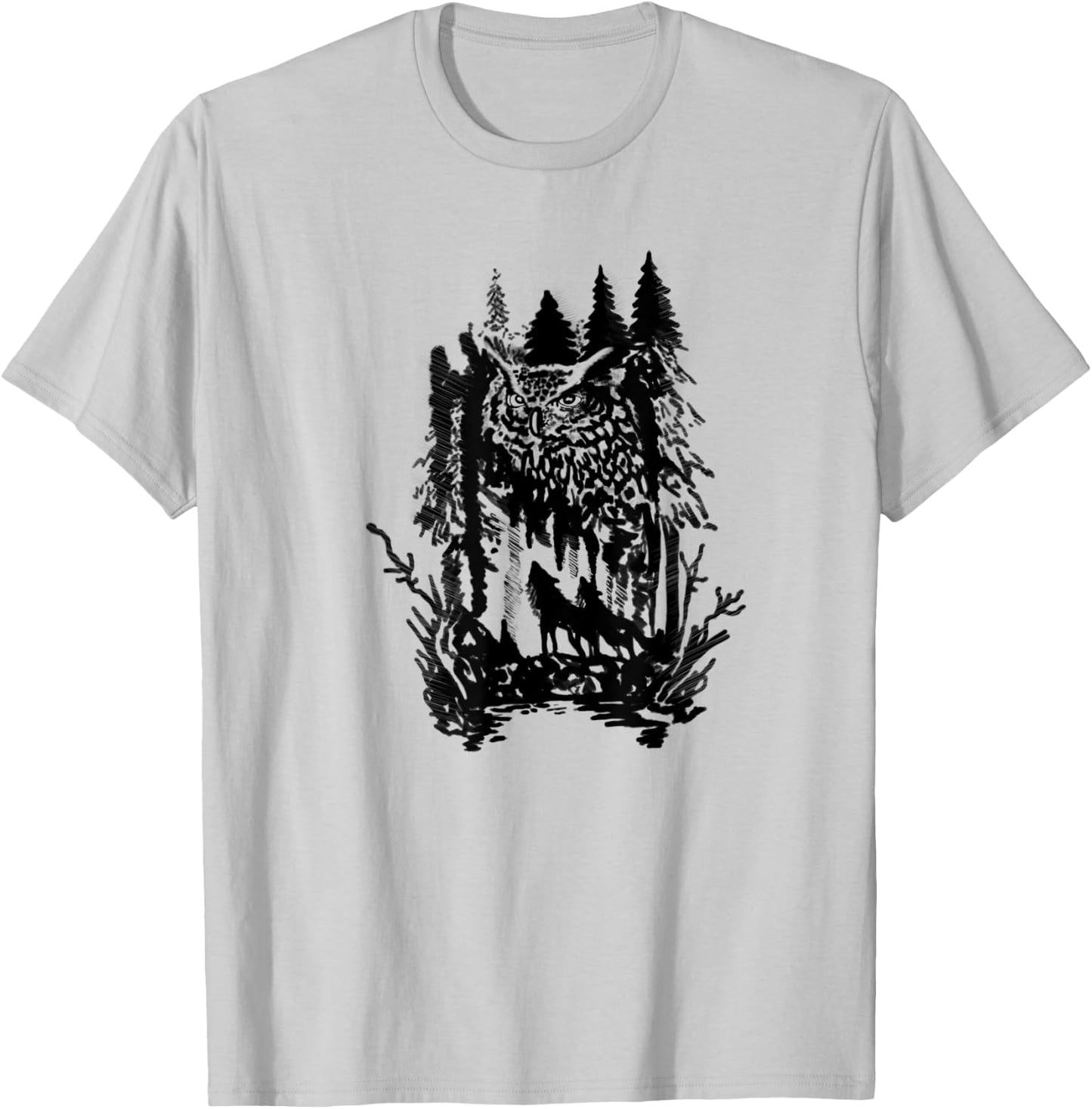 Beautiful harmony owls and wolves with forest design T-Shirt - T-Shirt | Ash