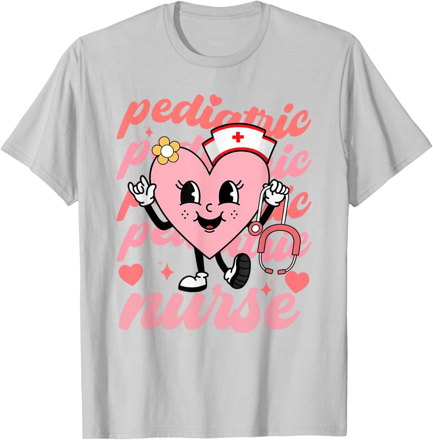 Retro Pediatric Nurse Cute Valentines Day Hearts Stethoscope T-Shirt - T-Shirt | Ash