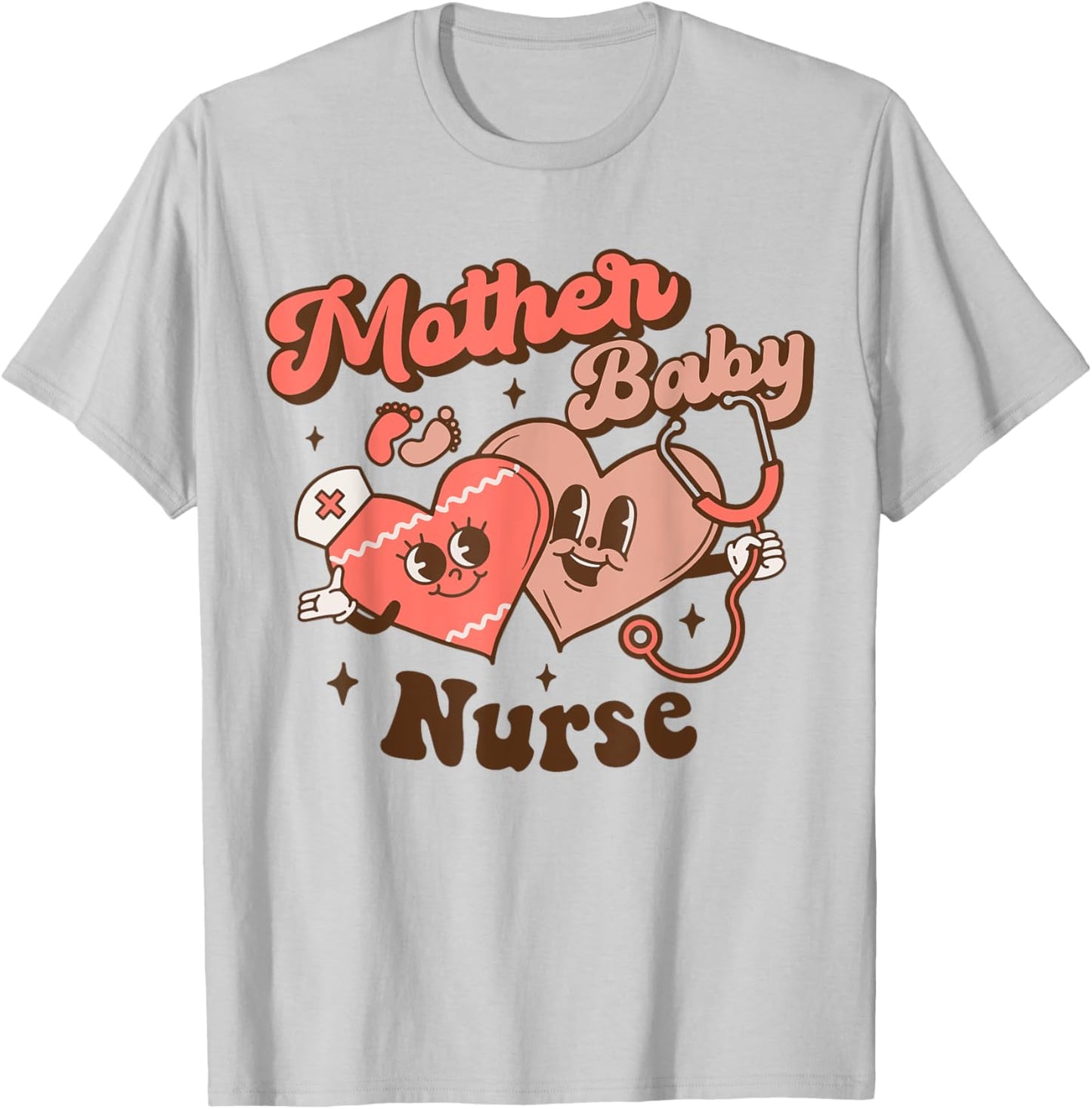 Mother Baby Squad Postpartum Nurse Groovy Nursing Valentines T-Shirt - T-Shirt | Ash