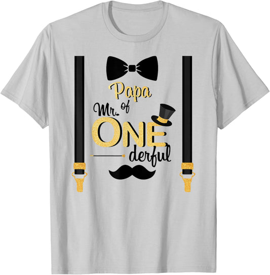 Papa Of Mr One-derful Party Gold-Black Mustache 1st Birthday T-Shirt - T-Shirt | Ash