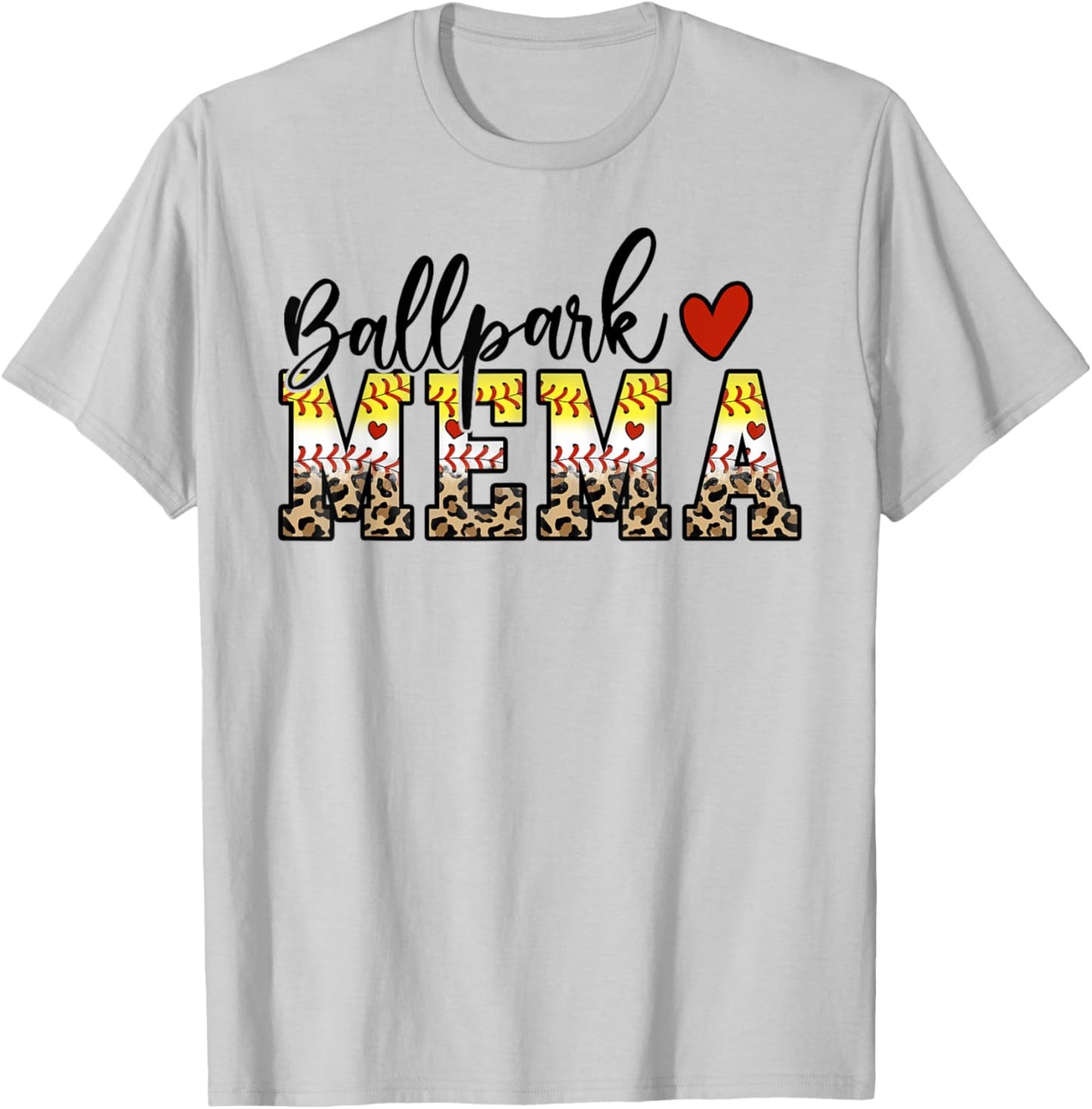 BallPark Mema Baseball Softball Mom Leopard Mother's Day T-Shirt - T-Shirt | Ash