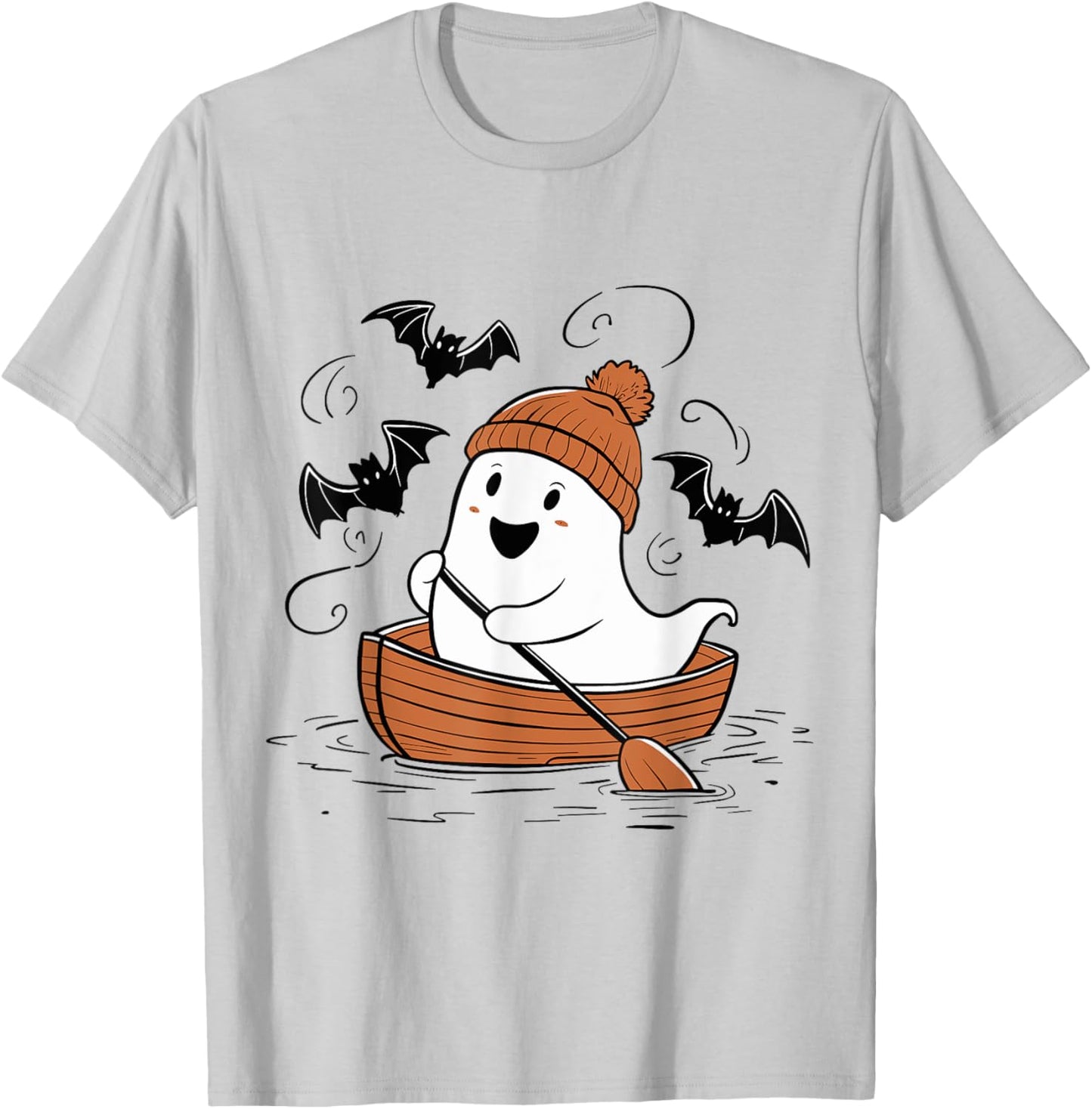 Cute Ghost Rowing Lovers Spooky Lake Boat Halloween T-Shirt - T-Shirt | Ash