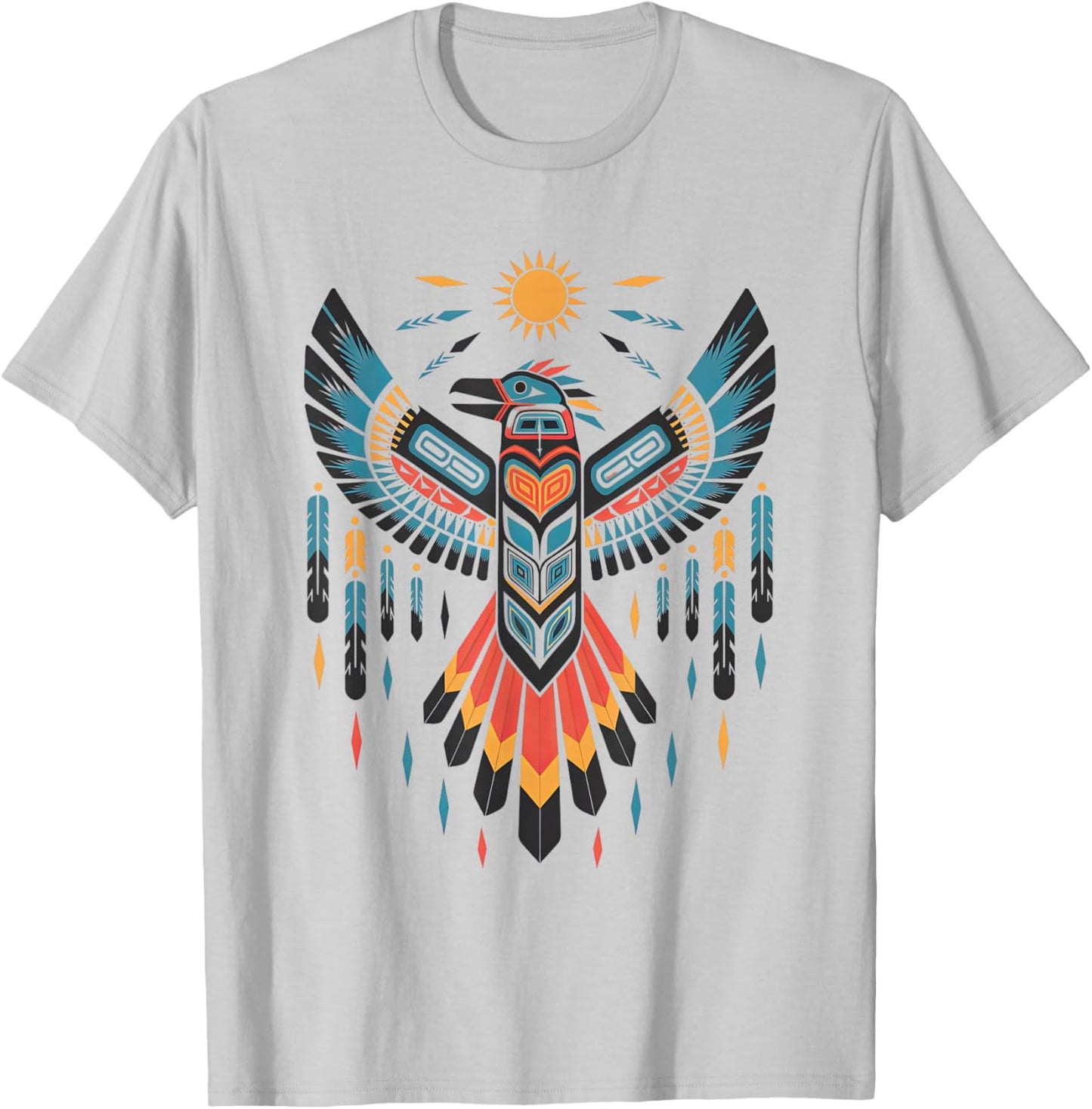 North American Tribal Thunderbird Vibrant Geometric Design T-Shirt - T-Shirt | Ash