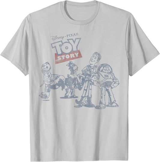 Disney Pixar Toy Story Group Shot Vintage Outlined Portrait T-Shirt - T-Shirt | Ash