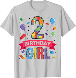 Kids 2 Year Old Building Blocks 2nd Birthday Girl T-Shirt - T-Shirt | Ash