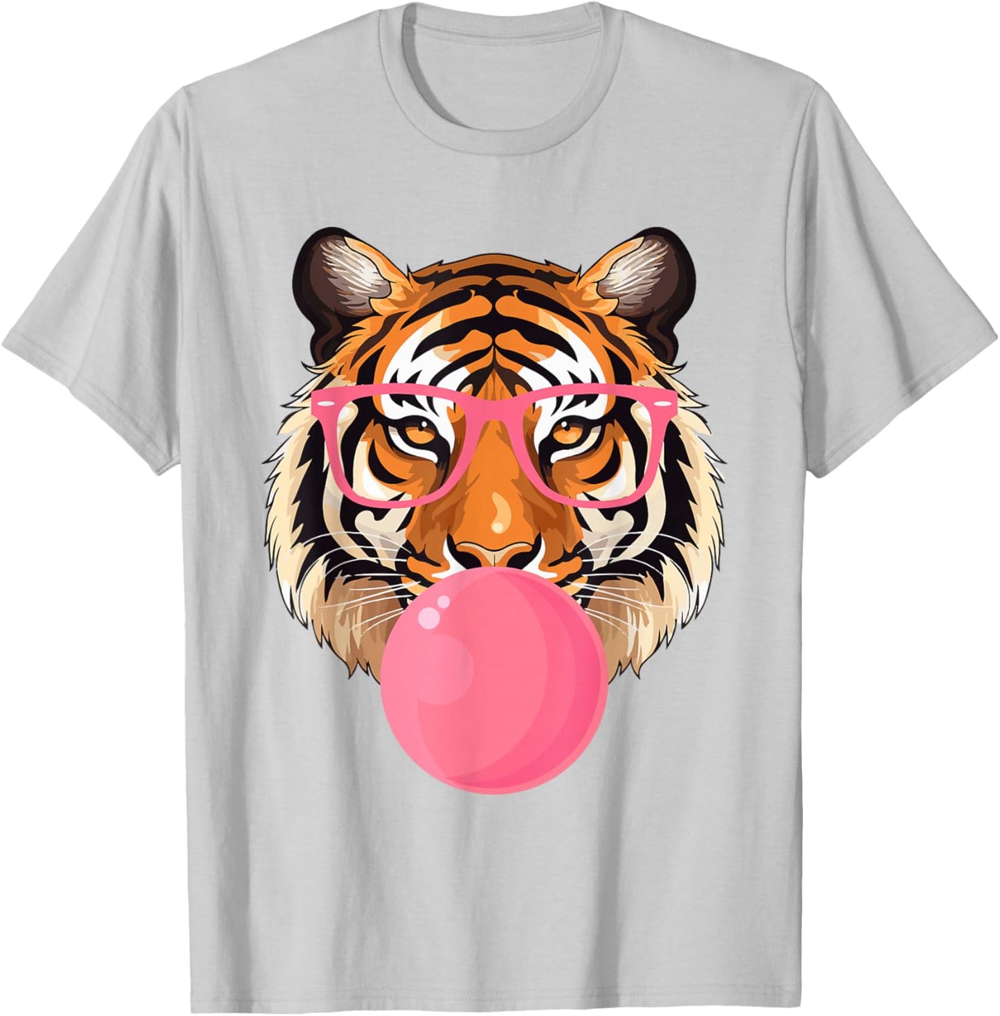 Funny Tiger Glasses Blowing Bubble Gum Cute Tiger Face T-Shirt - T-Shirt | Ash