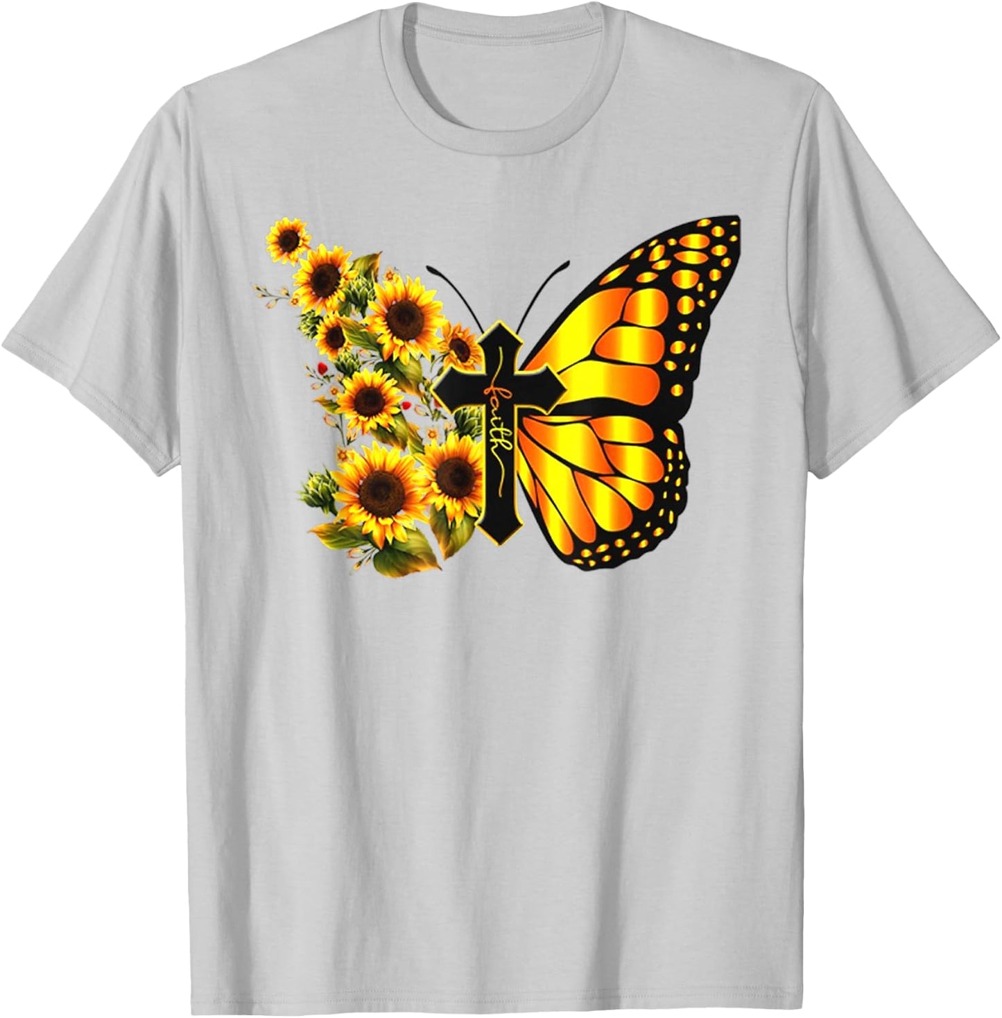 Vintage Faith Cross Sunflower Butterfly Christian T-Shirt - T-Shirt | Ash