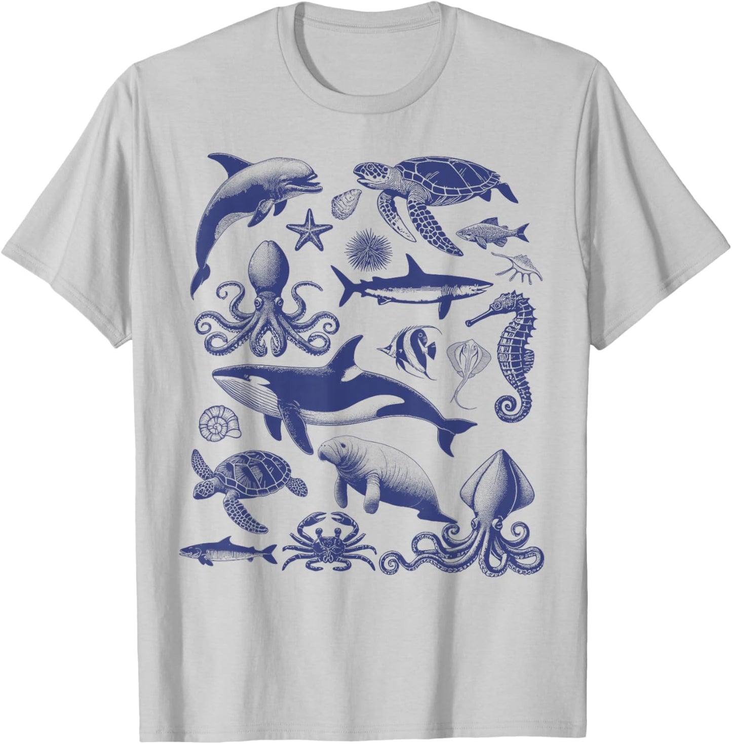 Ocean Wildlife Vintage Shark Turtle Octopus Graphic T-Shirt - T-Shirt | Ash