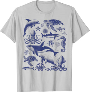 Ocean Wildlife Vintage Shark Turtle Octopus Graphic T-Shirt - T-Shirt | Ash
