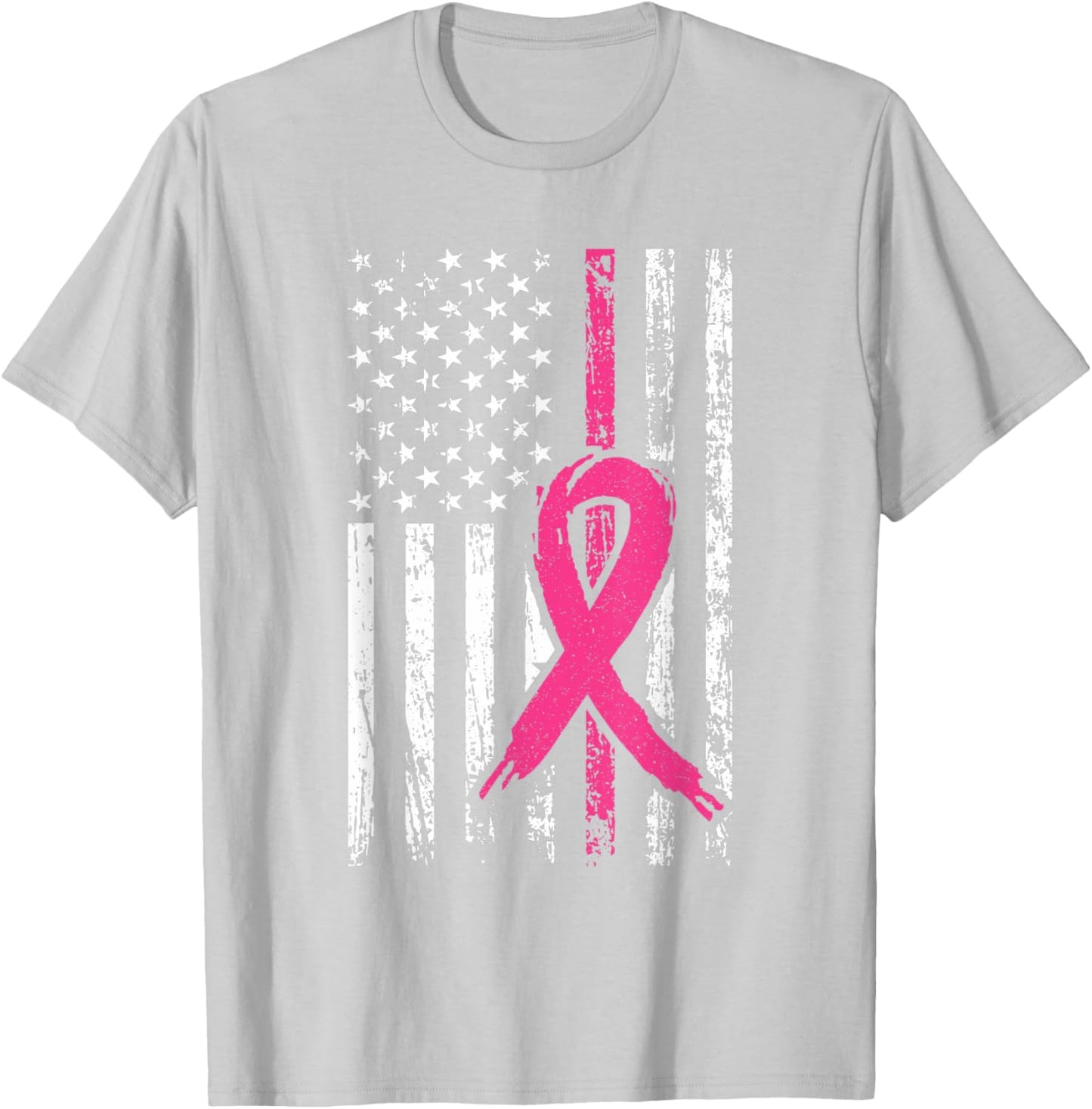 Pink Ribbon Retro USA American Flag Breast Cancer Awareness T-Shirt - T-Shirt | Ash