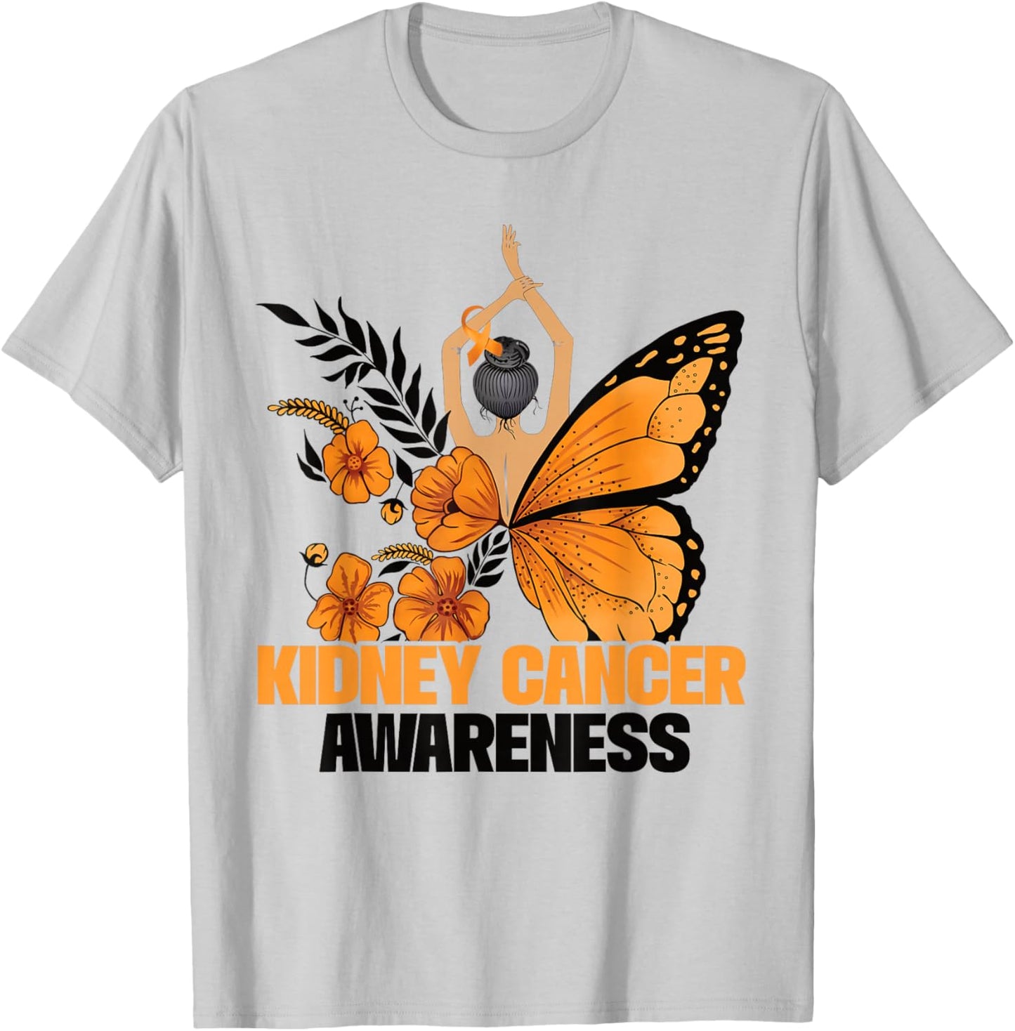 Kidney Cancer Awareness Butterfly Orange Ribbon T-Shirt - T-Shirt | Ash