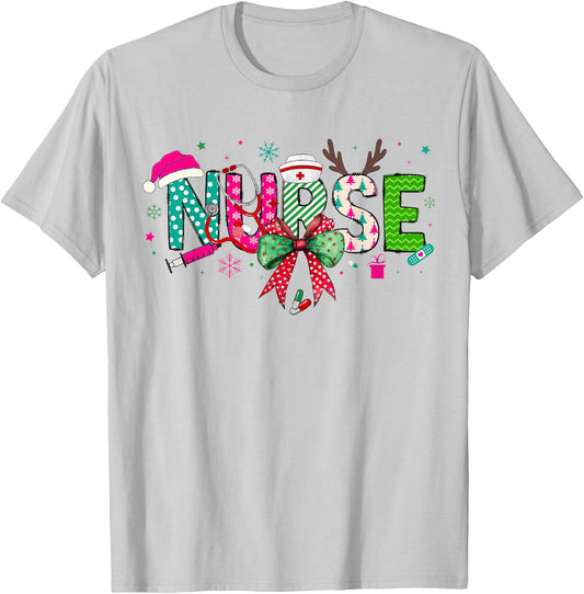 Christmas Nurse Stethoscope Xmas Coquette Bow Nursing School T-Shirt - T-Shirt | Ash