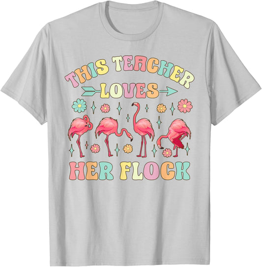 Funny Flamingo Teaching This Teacher Loves Her Flock Women Kids T-Shirt - T-Shirt | Ash