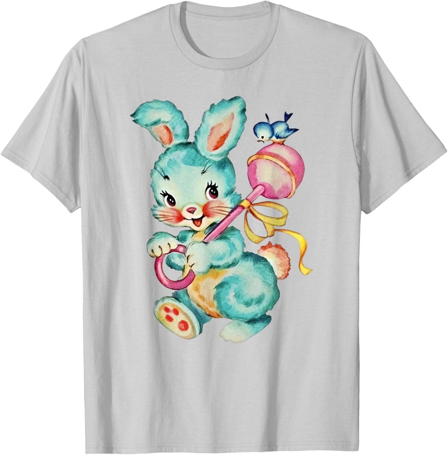 Vintage Easter Cute Bunnny And Bird Spring Retro Vintage T-Shirt - T-Shirt | Ash