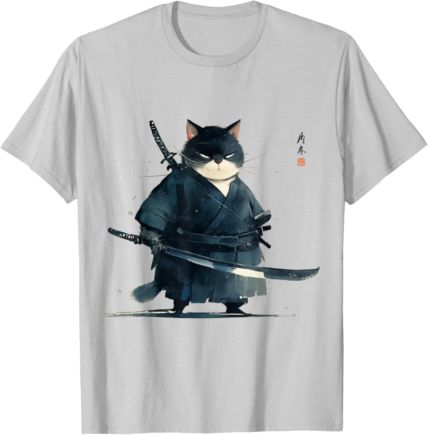 Japanese Art Cat Ninja Ukiyo-e Anime Style Samurai Cat T-Shirt - T-Shirt | Ash