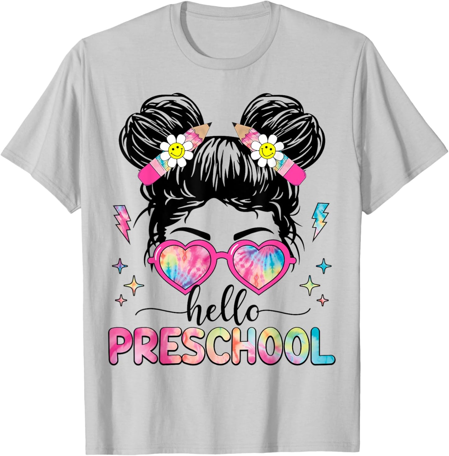 Hello Preschool Messy Bun Girl Back To School First Day T-Shirt - T-Shirt | Ash