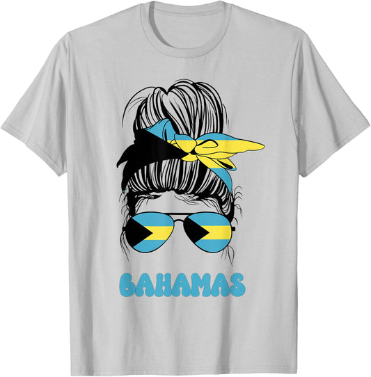Bahamas Women Messy Bun, Proud Bahamas Flag For Girls T-Shirt - T-Shirt | Ash