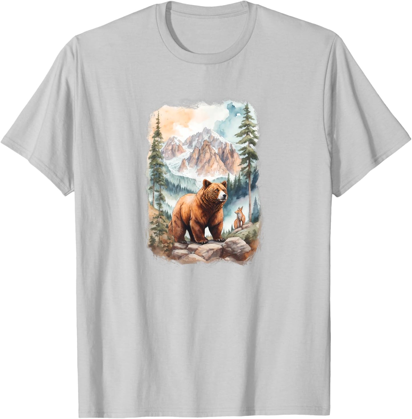 Bear and Fox in Mountain Forrest T-Shirt - T-Shirt | Ash