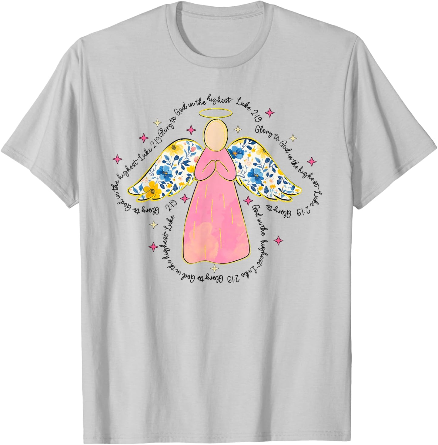 Silhouette Pink Floral Angel God, Beautiful Christmas Angel T-Shirt - T-Shirt | Ash
