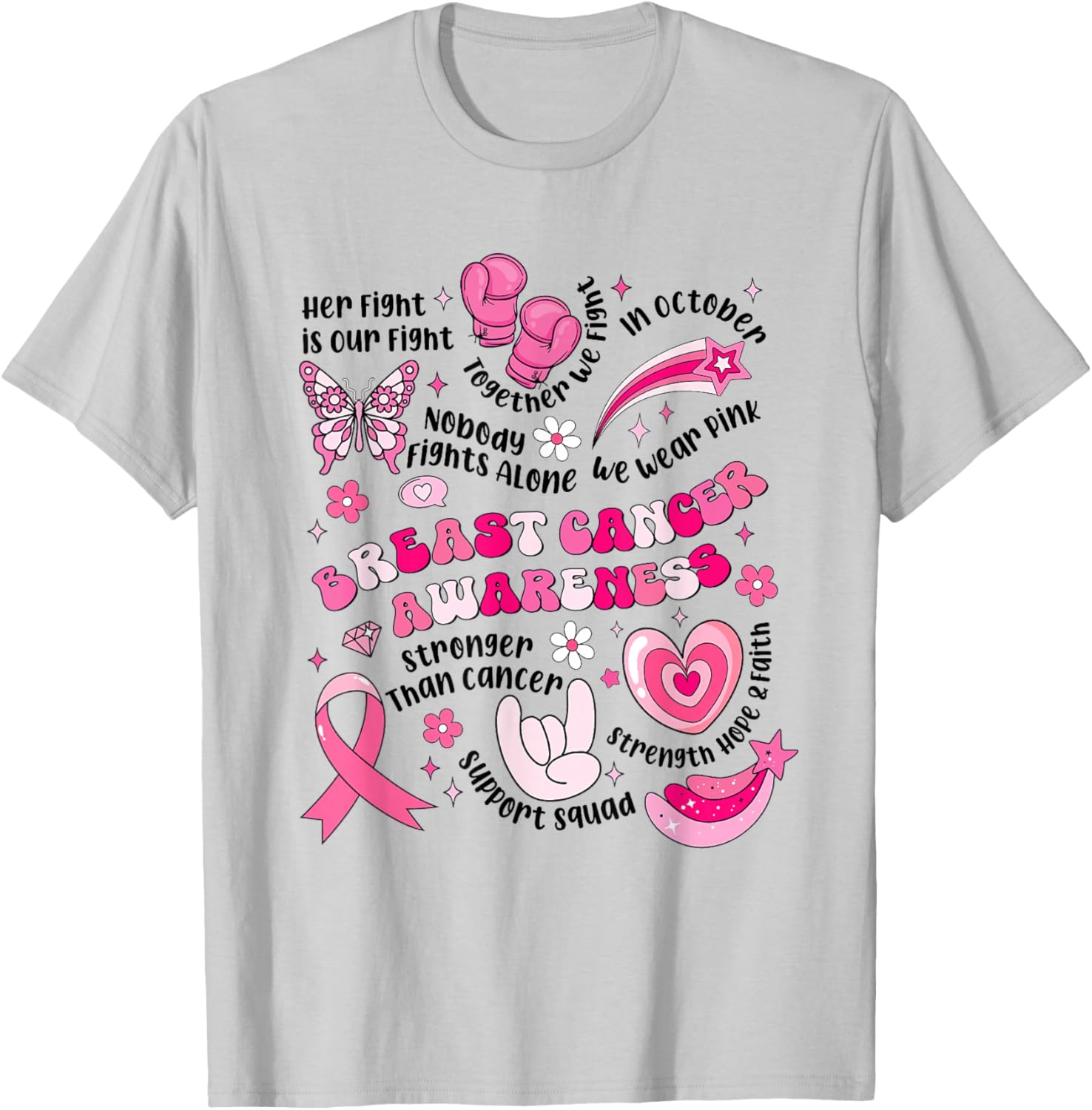 Breast Cancer Awareness Pink Ribbon Boxing Gloves Butterfly T-Shirt - T-Shirt | Ash
