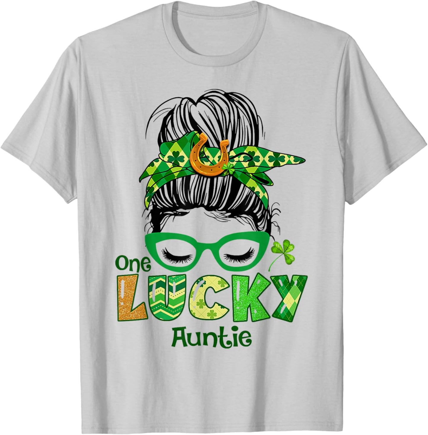 One Lucky Auntie Messy Bun Leopard St Patrick's Day Shamrock T-Shirt - T-Shirt | Ash