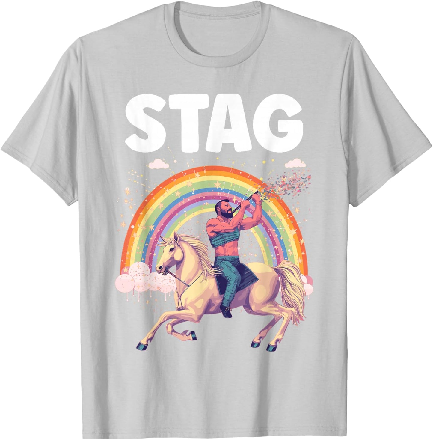 Funny Stag Do Pink Rainbow Man Riding A Horse Stag Costume T-Shirt - T-Shirt | Ash